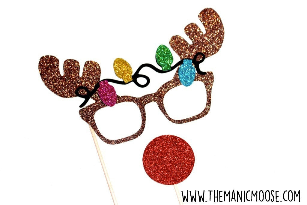 Glitter Rudolph Photo Booth Props – Reindeer Glasses and Red Nose, 2-Piece Set