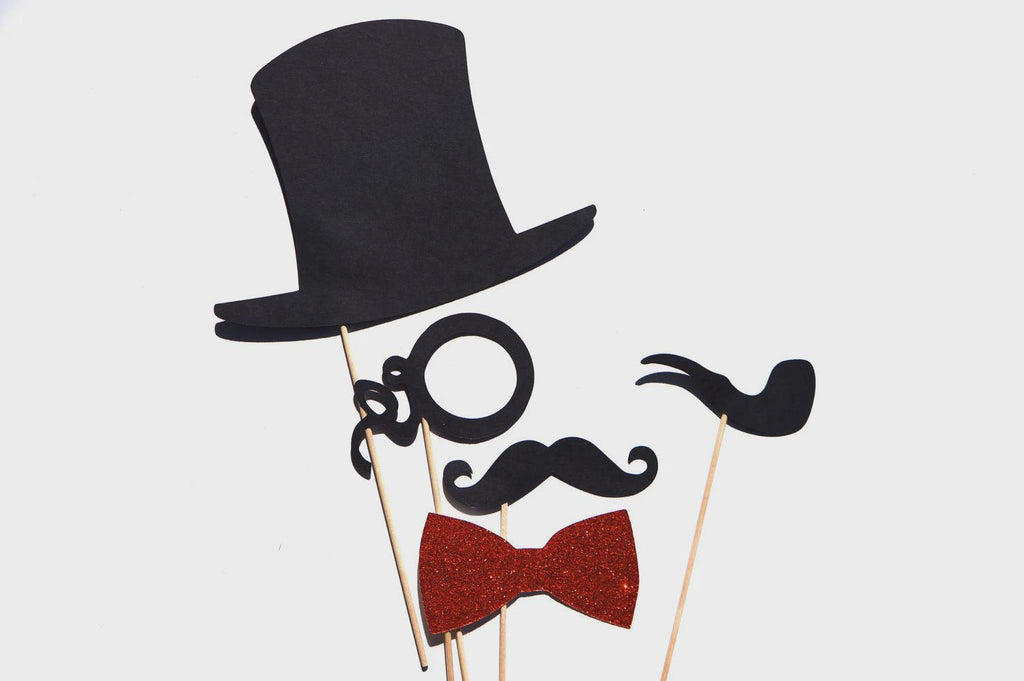 Glitter Photo Booth Props - Top Hat, Bow Tie, Mustache - Set of 5