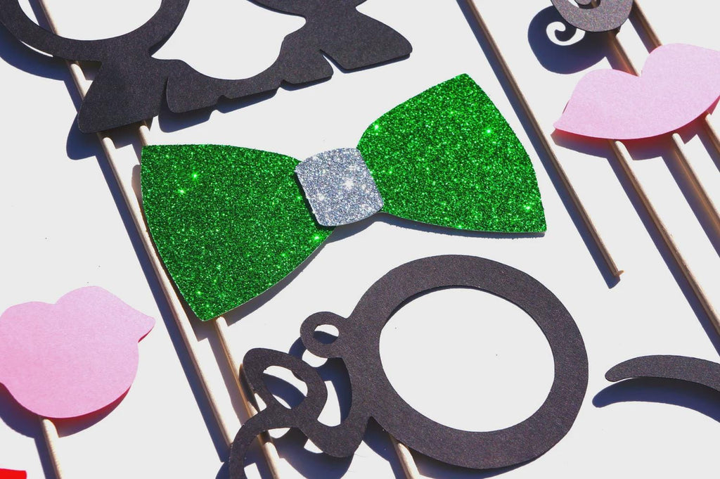 Wedding Photo Booth Props - 19pc Classic Party Set with Glitter Bow Tie
