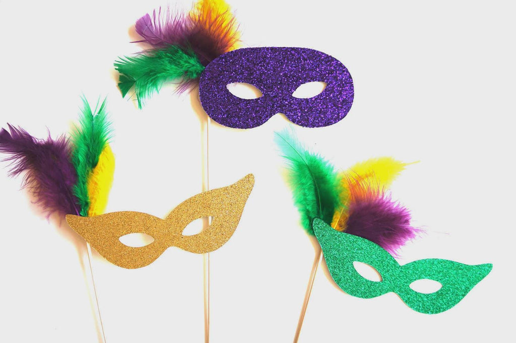 Glitter Mardi Gras Mask Photo Booth Props - Feather Masquerade Masks, Set of 3