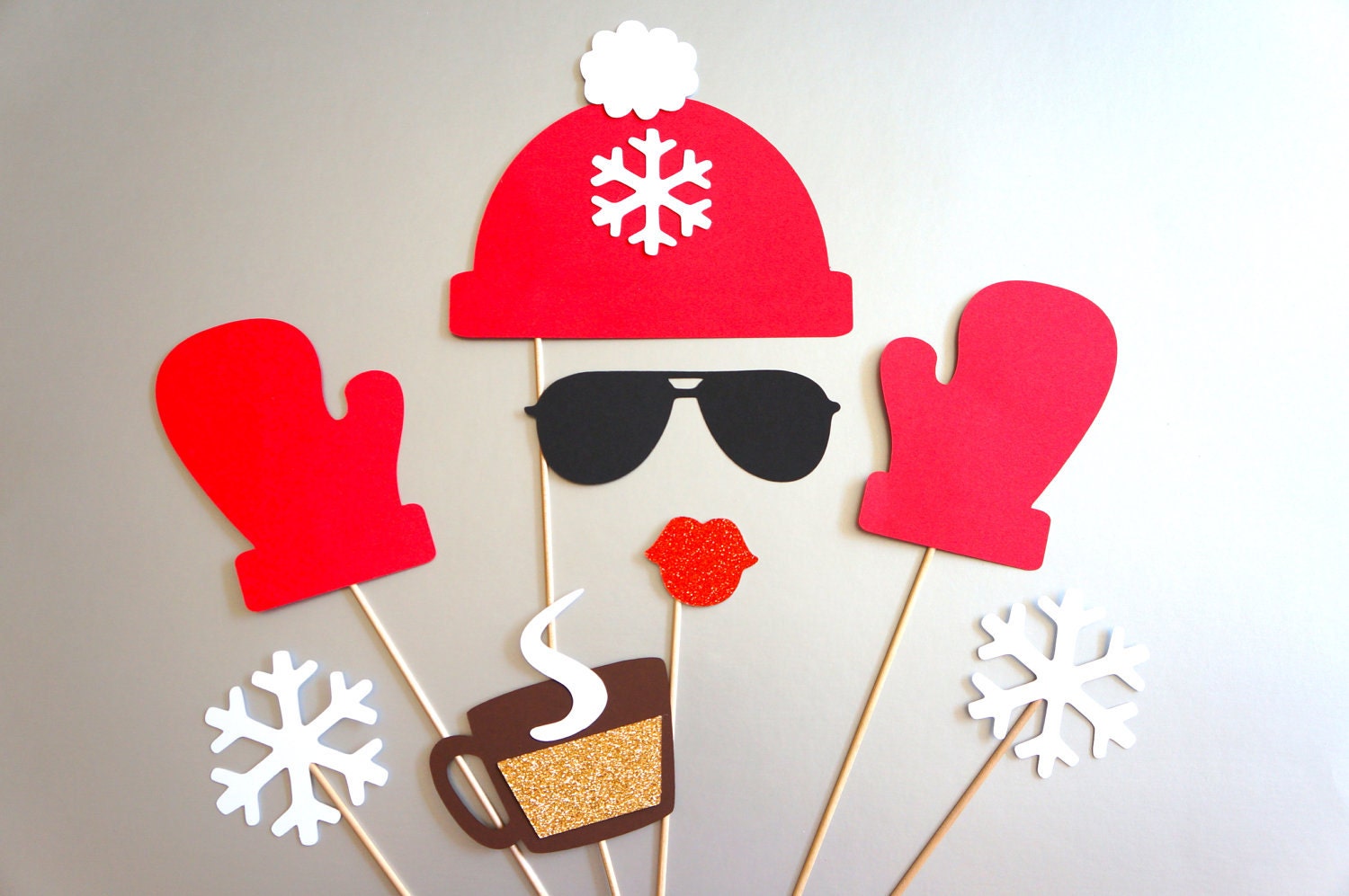 Winter Photo Booth Props - 8 piece set - GLITTER Photobooth Props - Snow Bunny, Red