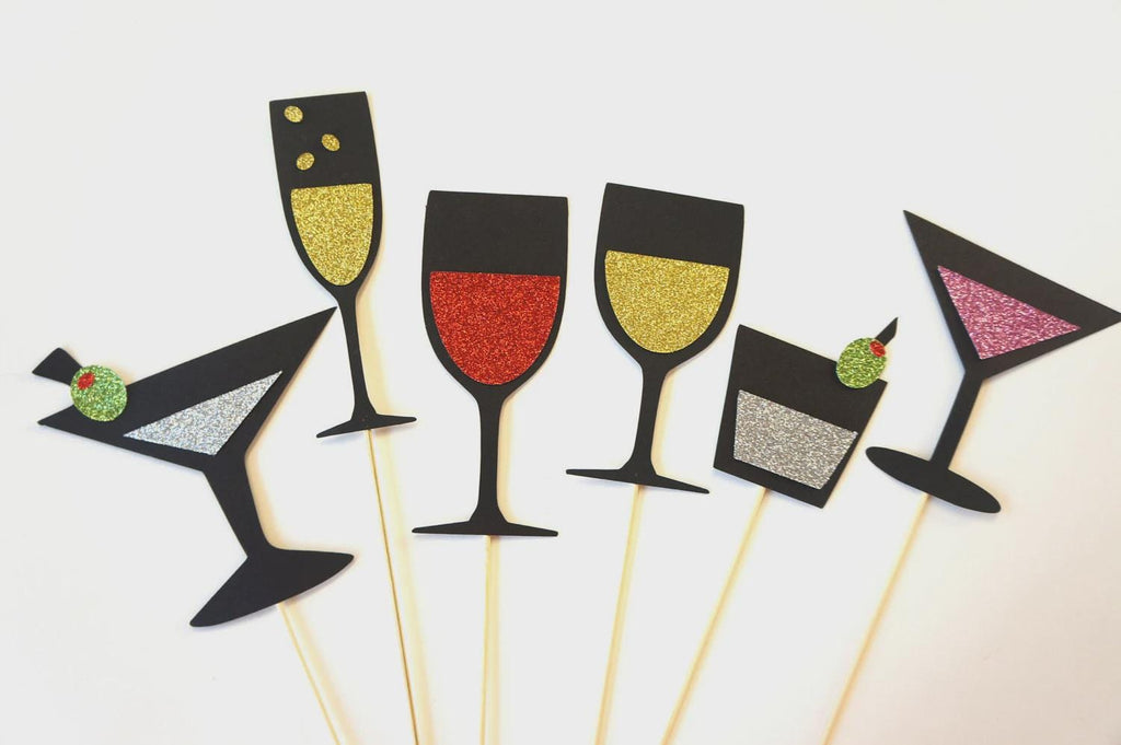 Photo Booth Props - Cocktail Collection - Set of 6 GLITTER Photobooth Props