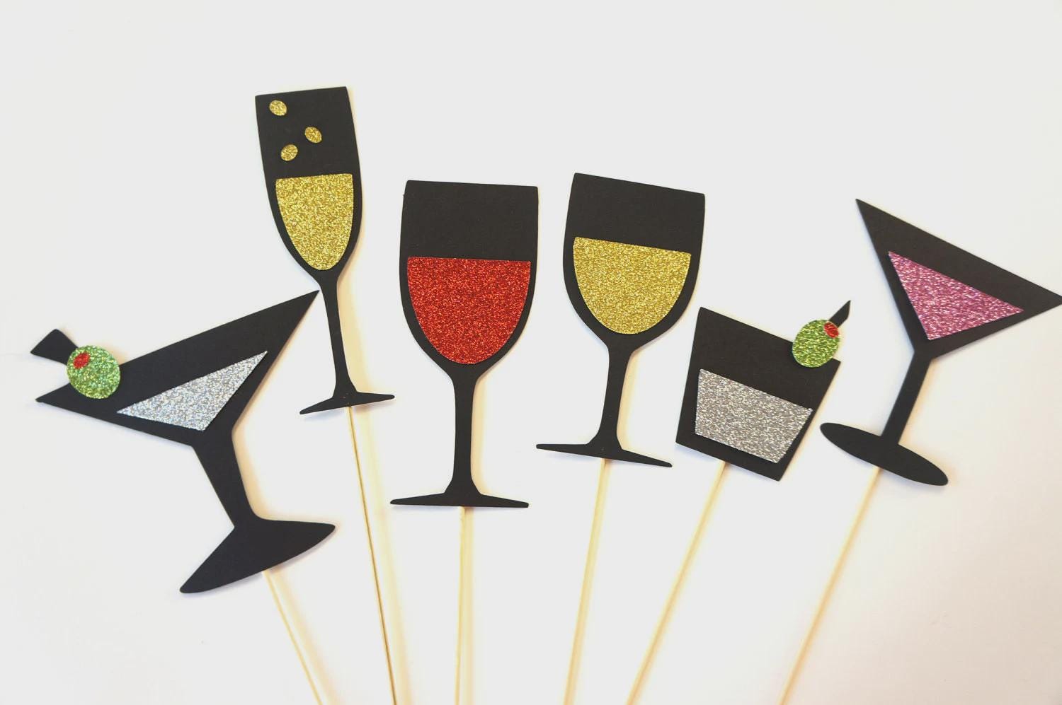 Photo Booth Props - Cocktail Collection - Set of 6 GLITTER Photobooth Props