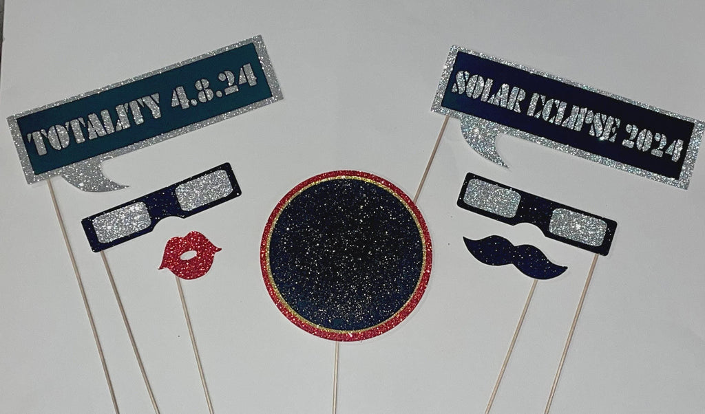 Solar Eclipse Photo Booth Props: Glitter Glasses, Lips, Mustache - Set of 7