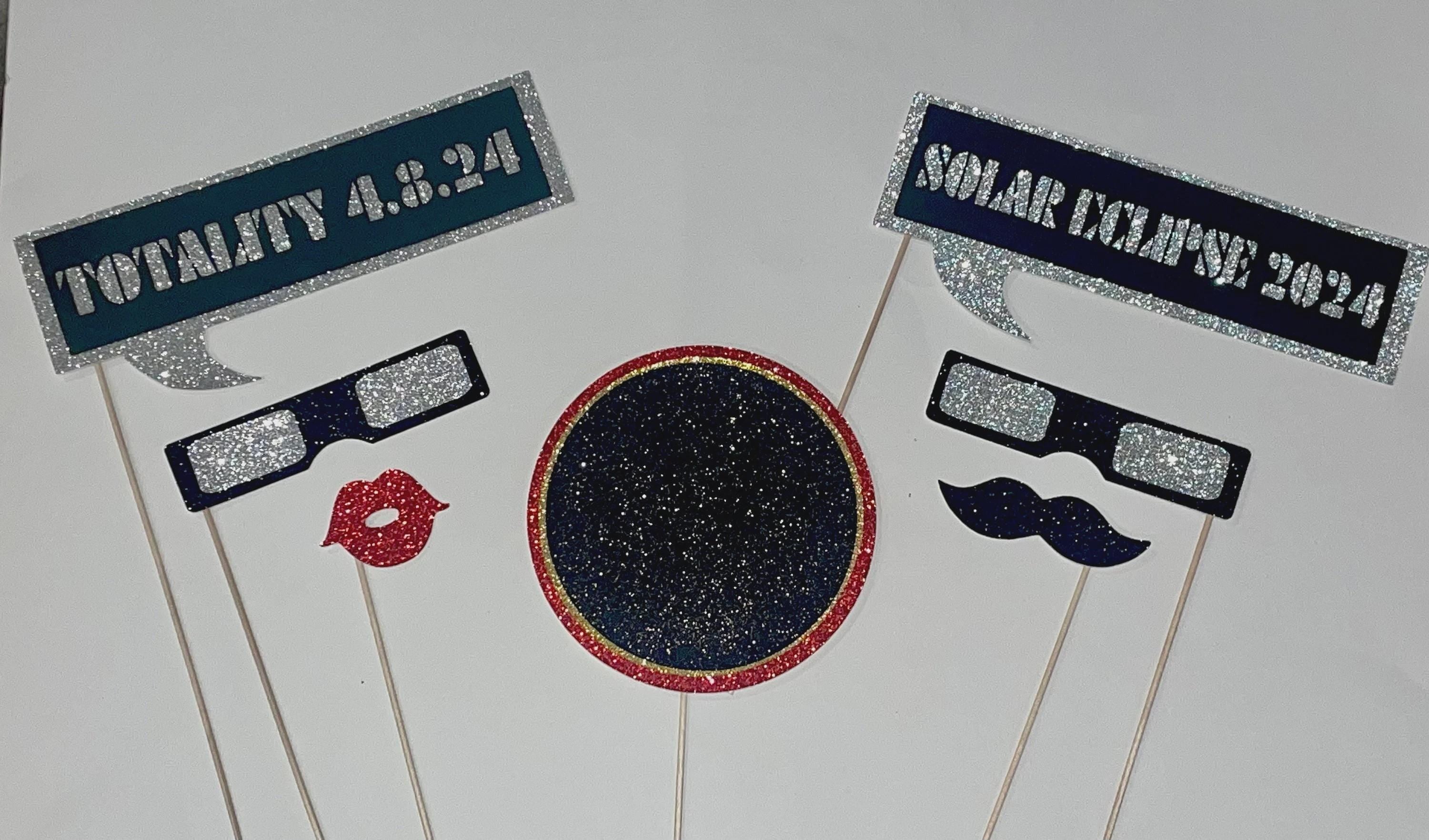 Solar Eclipse Photo Booth Props: Glitter Glasses, Lips, Mustache - Set of 7
