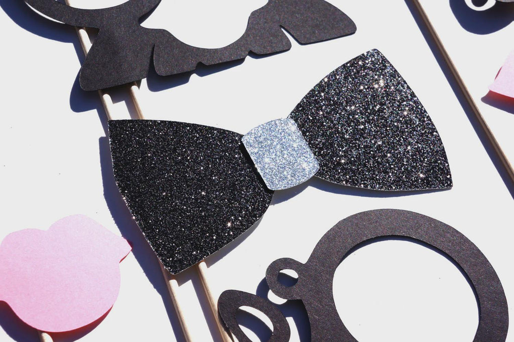 Photo Booth Props - 19 Piece Set with Glitter Bow Tie
