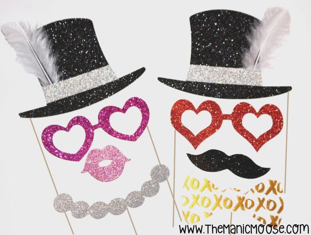 Glitter Valentines Photo Booth Props: Top Hats, Hearts, Lips - Set of 8