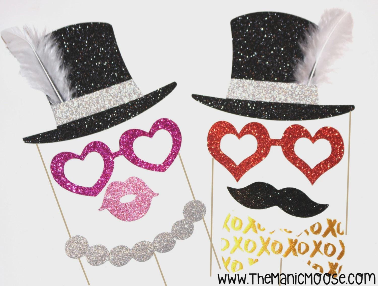 Glitter Valentines Photo Booth Props: Top Hats, Hearts, Lips - Set of 8