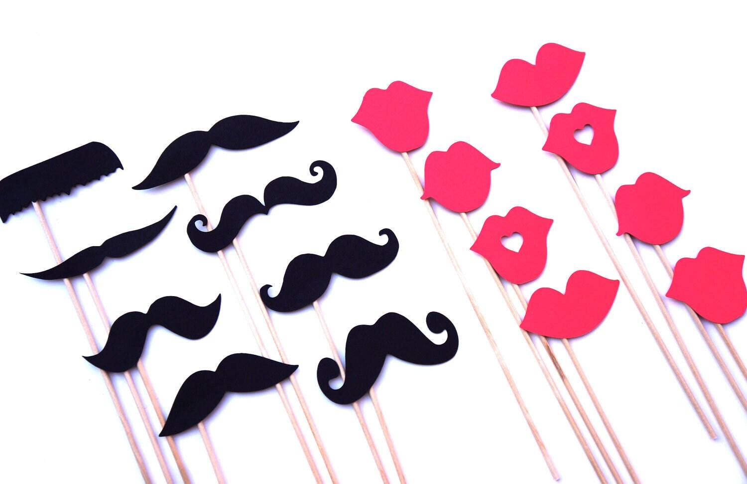 Mustache and Hot Pink Lips Photo Booth Props - Set of 16