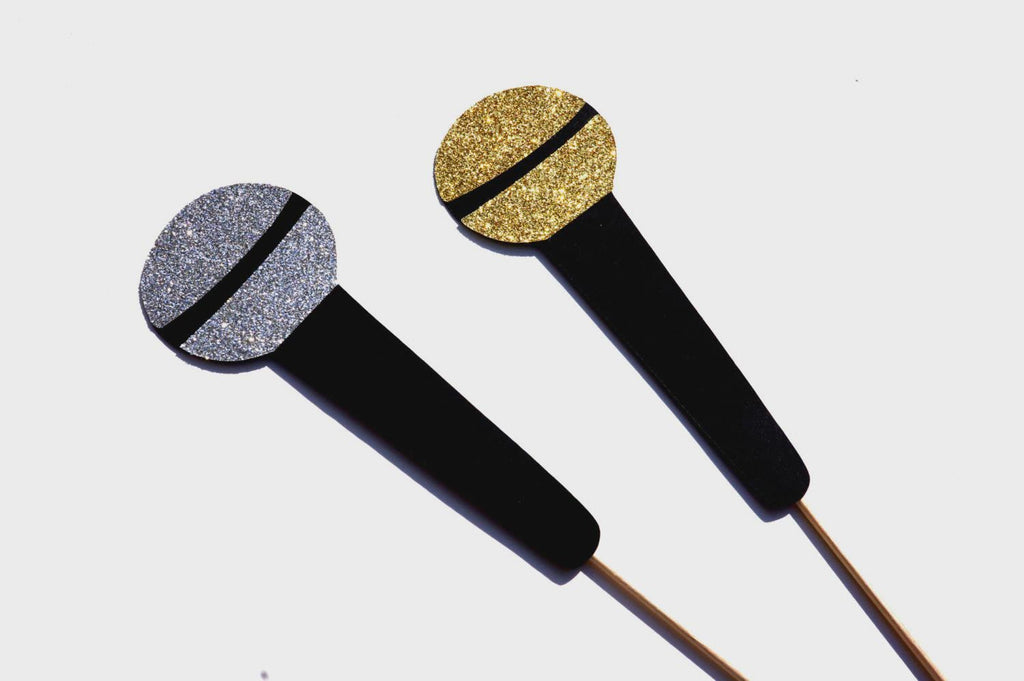 Glitter Microphone Photo Booth Props - Gold and Silver, Set of 2