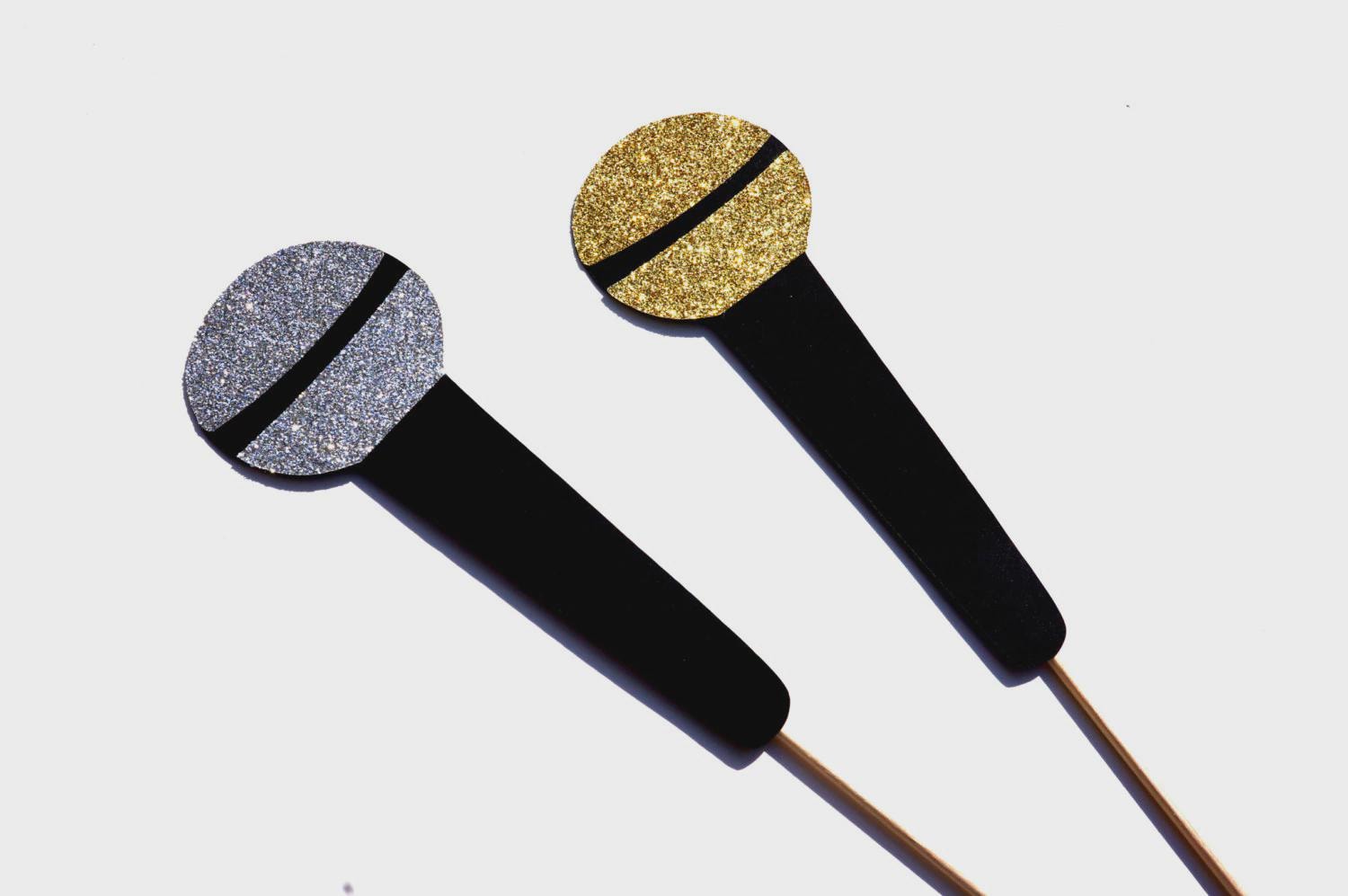 Glitter Microphone Photo Booth Props - Gold and Silver, Set of 2