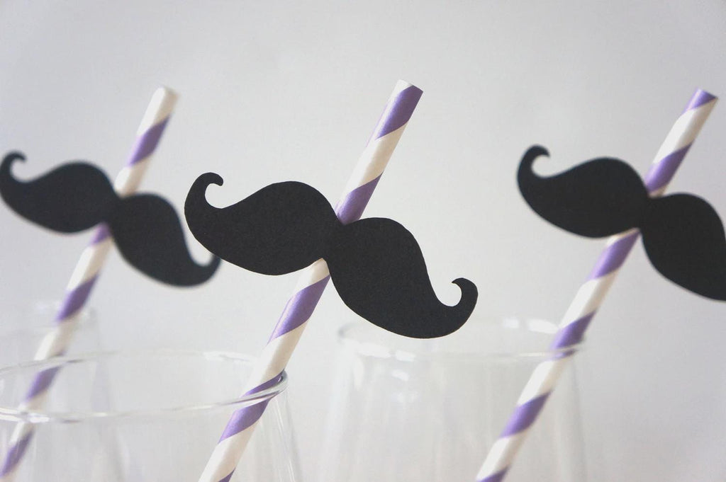 Purple Striped Mustache Straws - Party Photo Booth Props (Set of 10)