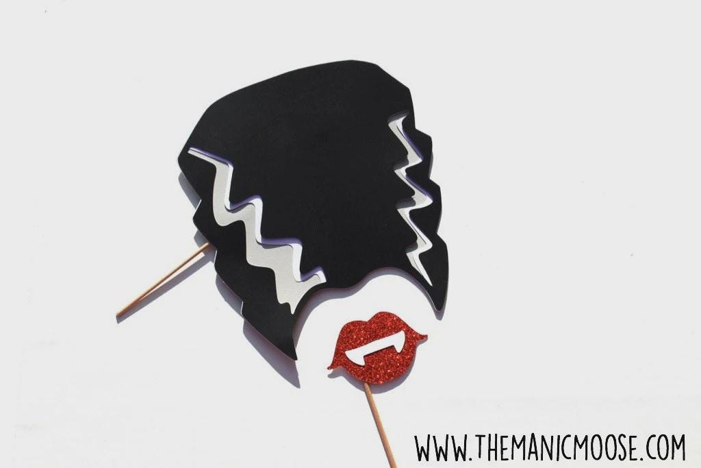 Bride of Frankenstein Photo Booth Props – Glitter Vampire Fangs, Halloween Party Set