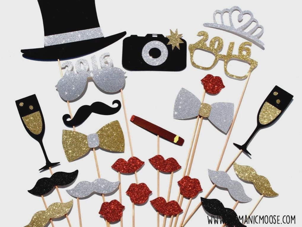 Glitter New Year's Eve Photo Booth Props - Deluxe 24-Piece Set