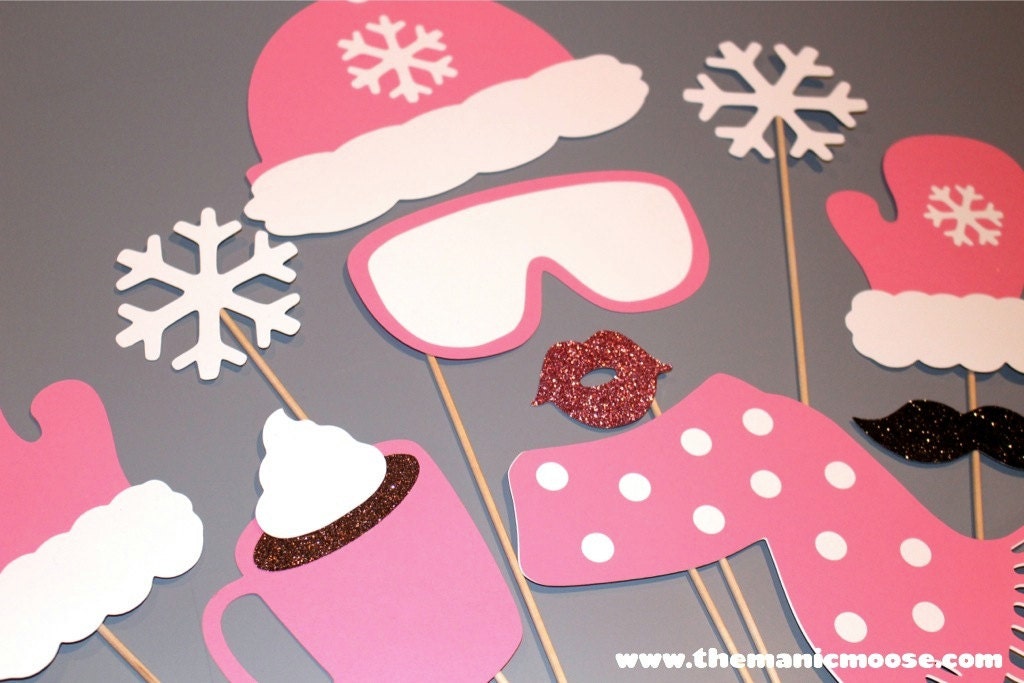 Winter Photo Booth Props - Glitter Ski Bunny Set, Pink (10 Piece)