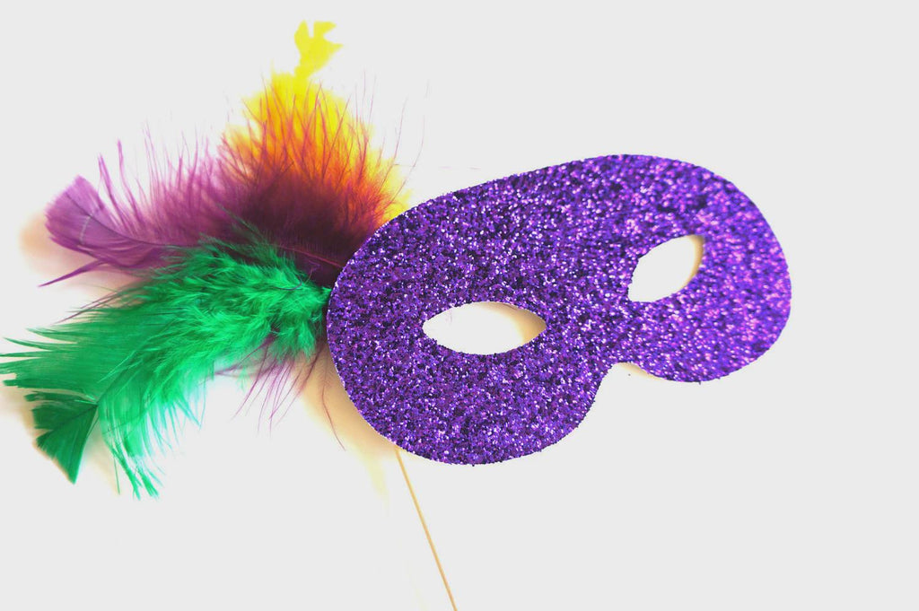 Glitter Mardi Gras Mask Photo Booth Props - Feather Masquerade Masks, Set of 3