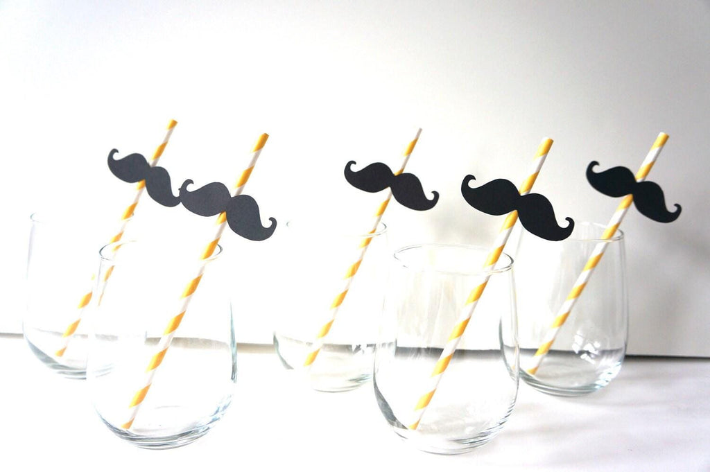 Yellow Striped Mustache Straws - Party Photo Booth Props, Set of 10