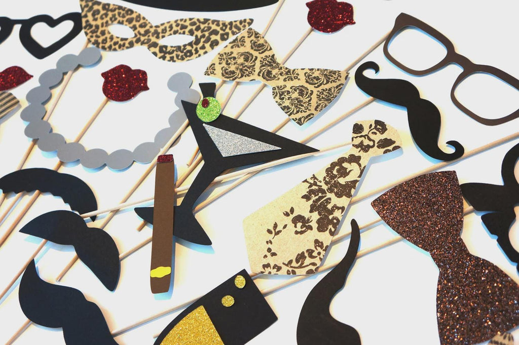Vintage Glitter Photo Booth Props - 27 Piece Deluxe Set