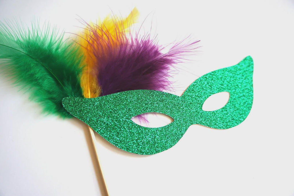 Glitter Mardi Gras Mask Photo Booth Props - Feather Masquerade Masks, Set of 3
