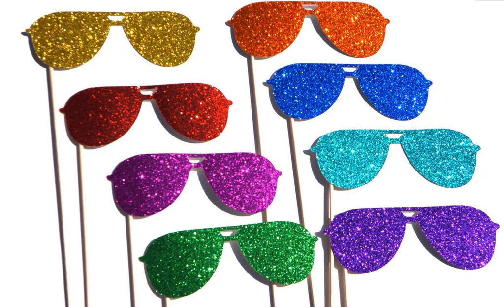 Sunglasses on a Stick - Set of 8 - Rainbow Glitter Sunglasses - Summer Fun