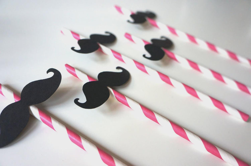 Hot Pink Striped Mustache Straws - Party Photo Booth Props, Set of 10