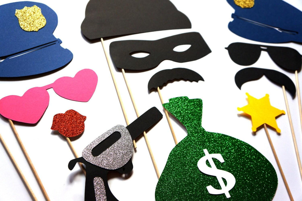 Cops and Robbers Photo Booth Props - Glitter Party Set, 12 Piece