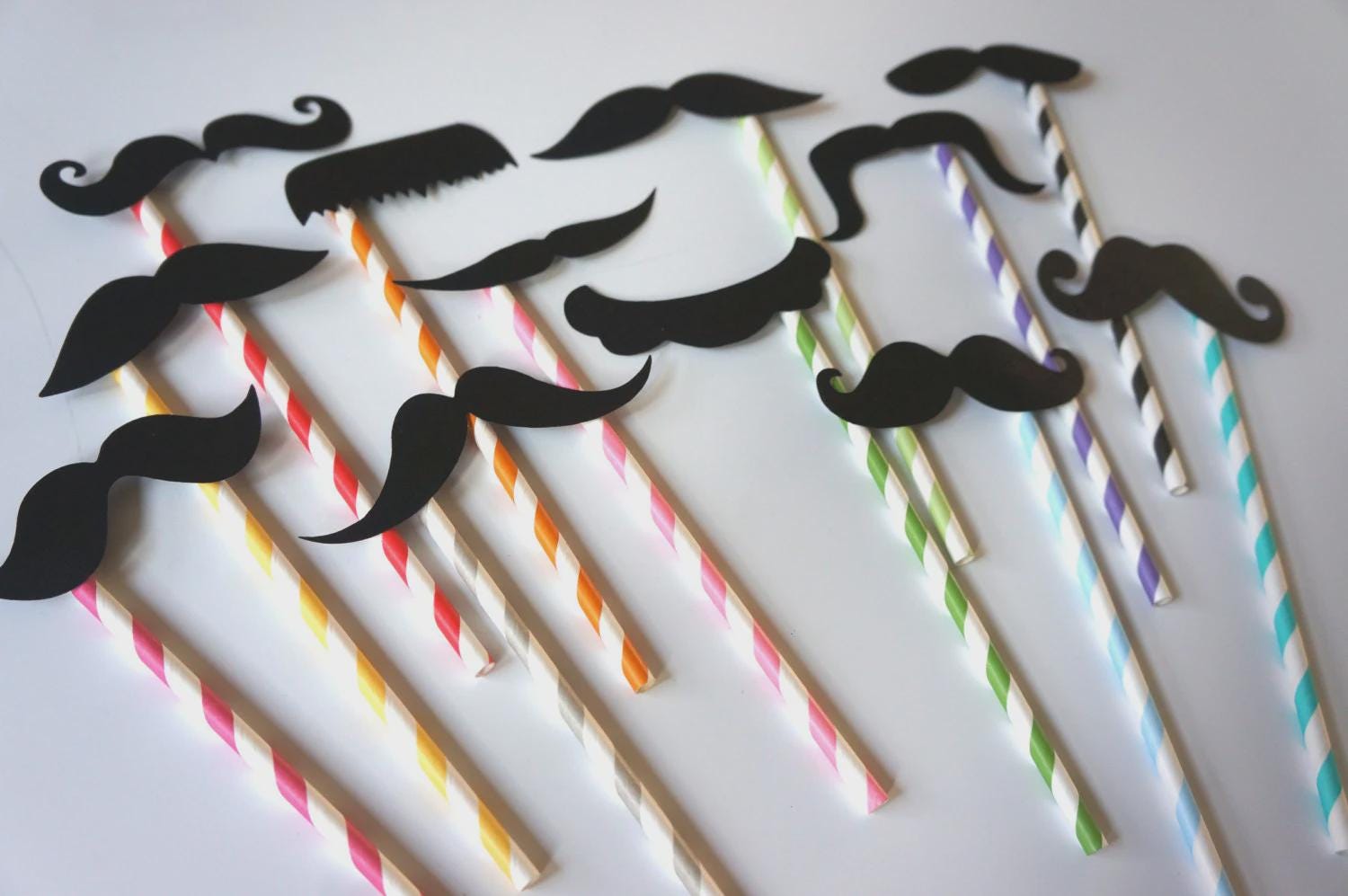 Mustache Photo Booth Props - Black Mustaches on Striped Straws, Set of 12