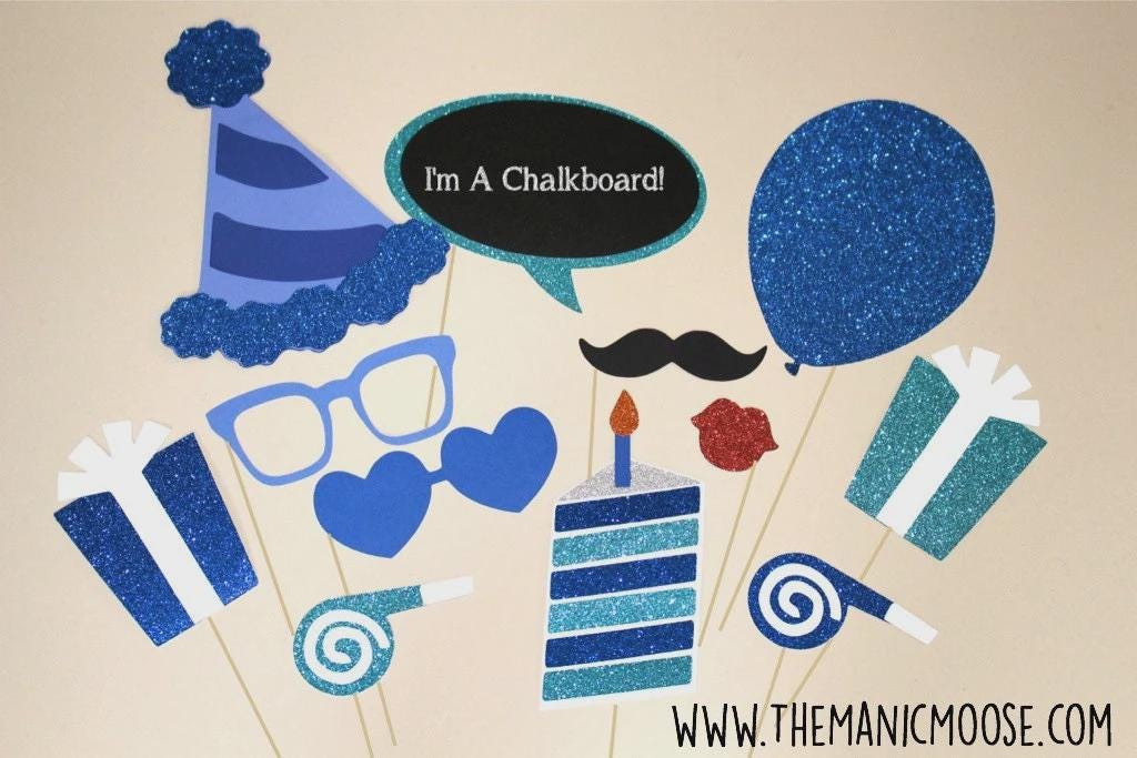 Birthday Party Photo Booth Props ~ 12 piece set ~ Blue ~ Glitter ~ You Choose Balloon Number
