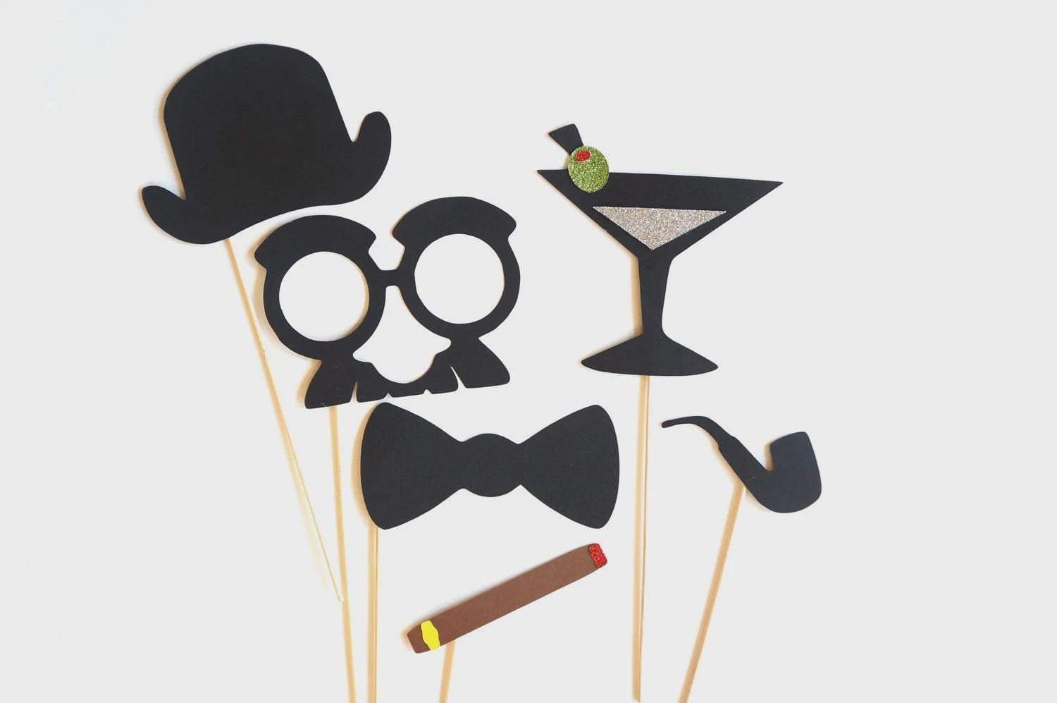 Photo Booth Props - Dapper Collection - Set of 6 Photobooth Props with GLITTER, includes pipe