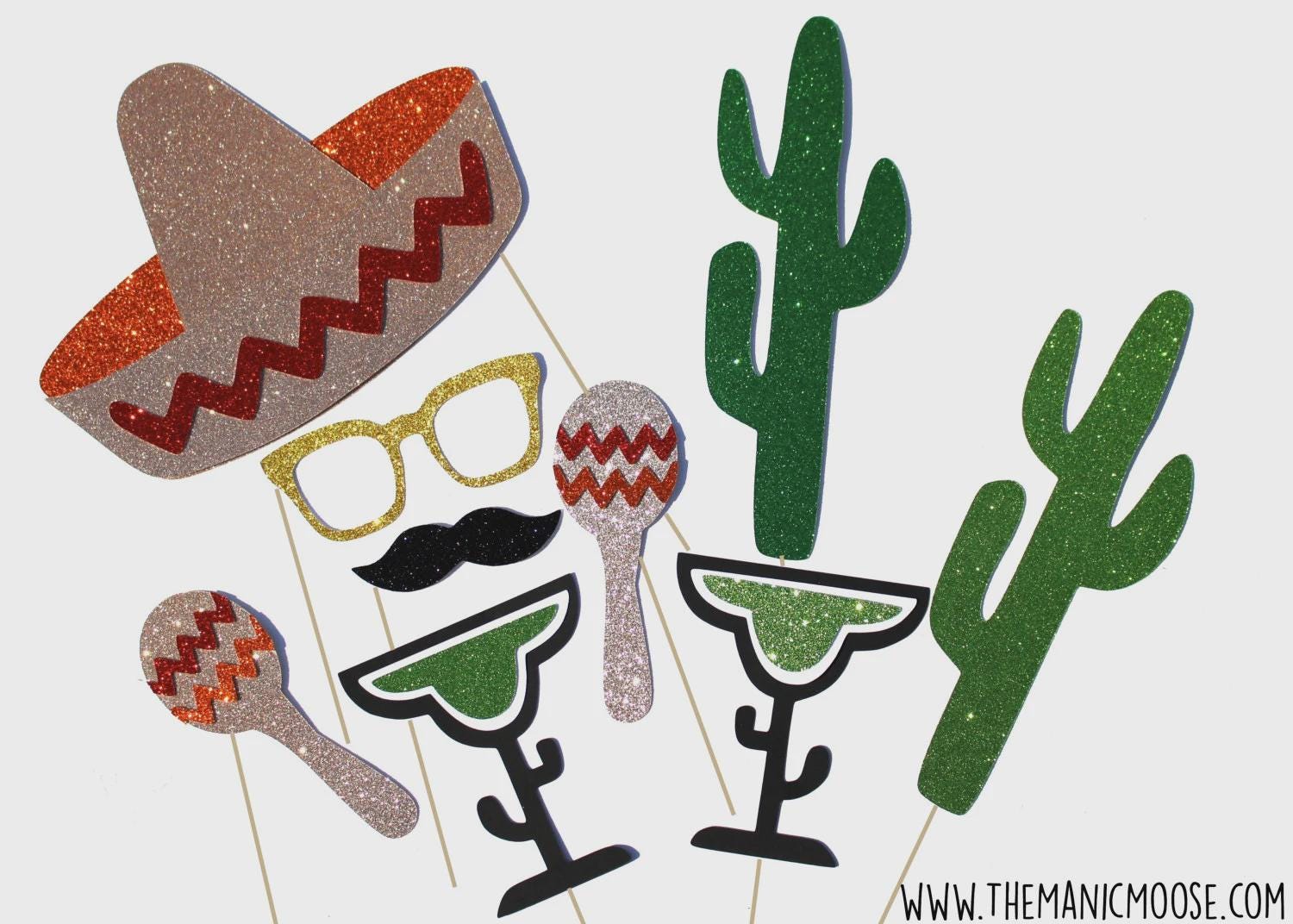 Cinco De Mayo Photo Booth Props ~ 9 piece prop set with GLITTER ~ Mexican Photobooth Props