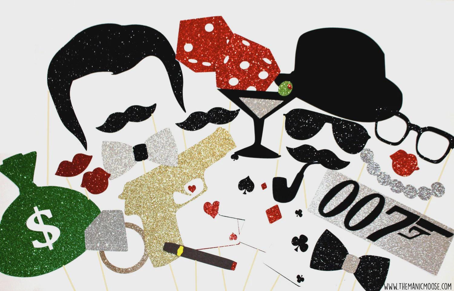 James Bond Photo Booth Props – Glitter 007 Party Set (26 Piece Deluxe Set)