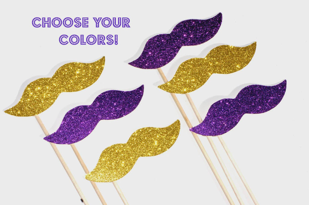 Glitter Mustache Photo Booth Props - School Colors, Set of 6