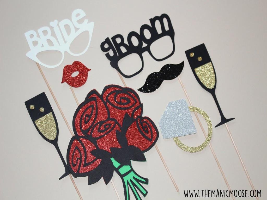 Glitter Wedding Photo Booth Props: Bride, Groom, Champagne - 8 Piece Set