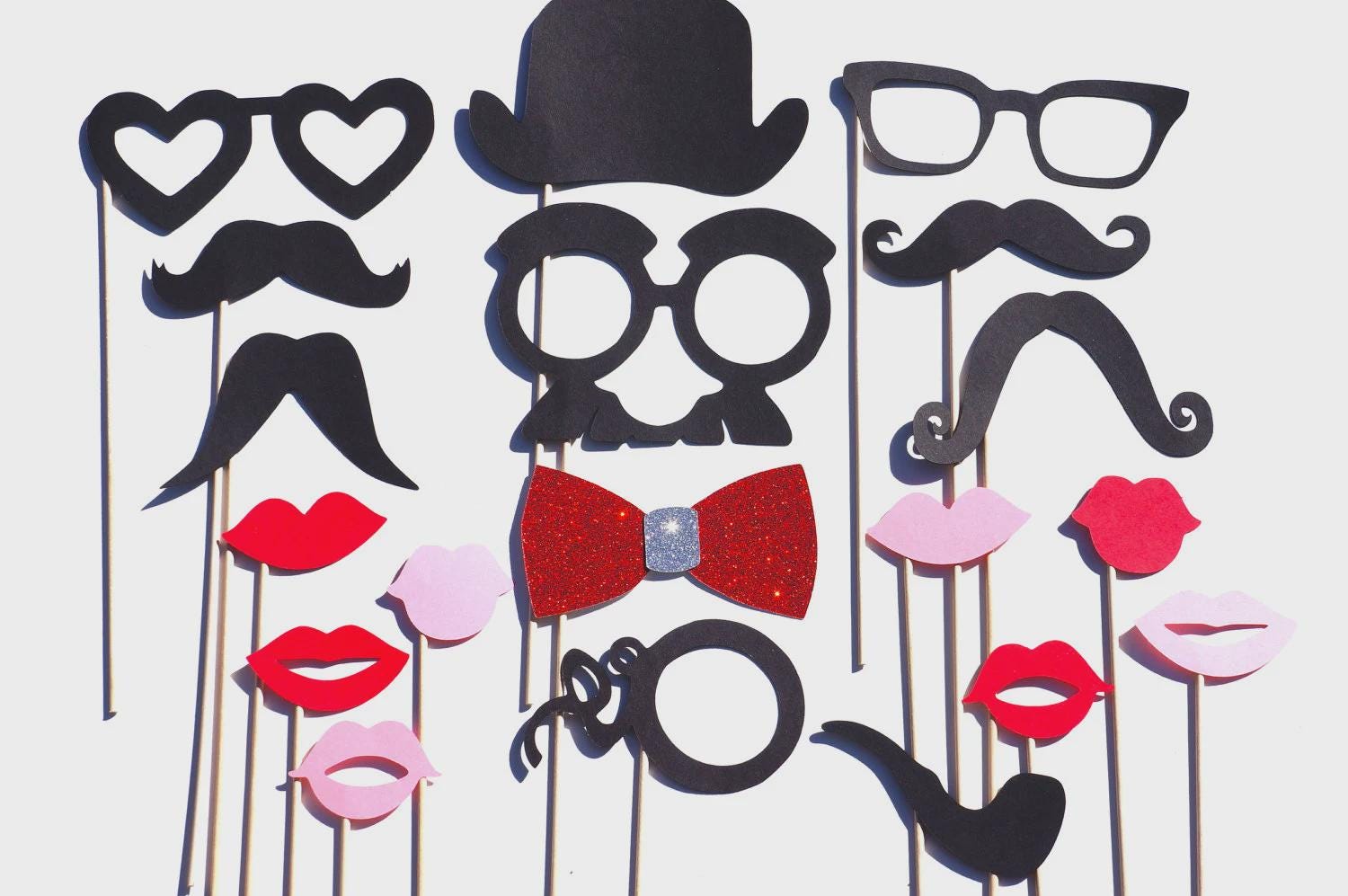 Photo Booth Props - Red Glitter Bow Tie, Mustaches, Lips - 19 Piece Set