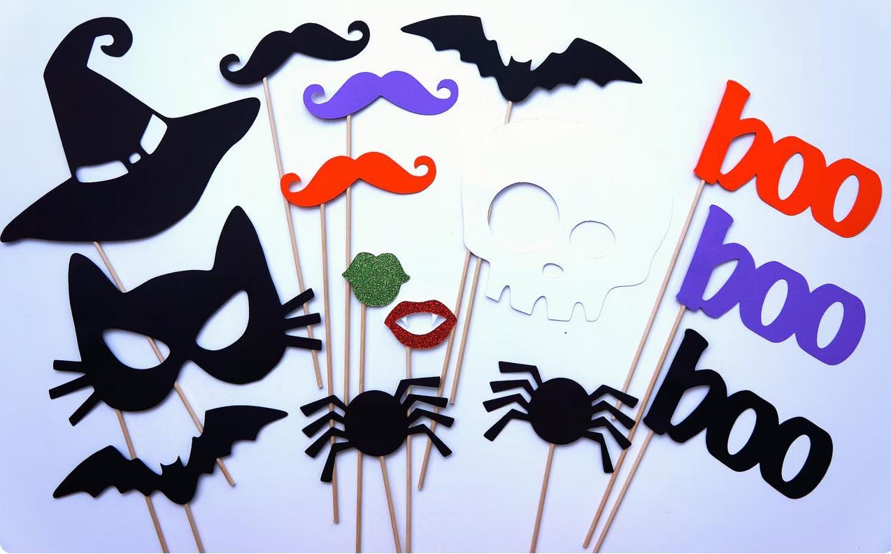 Halloween Photo Booth Props - Glitter Masks, Bats, Spiders - 15 Piece Set