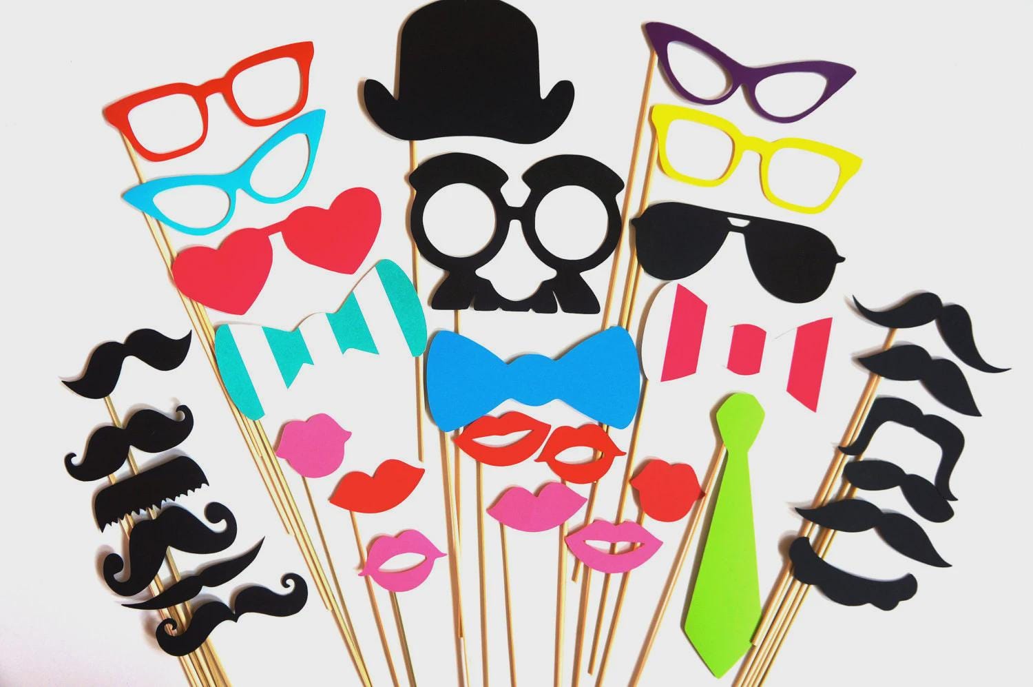 32 Brightly colored Photo Booth props on a stick - Parties, Birthdays, Weddings