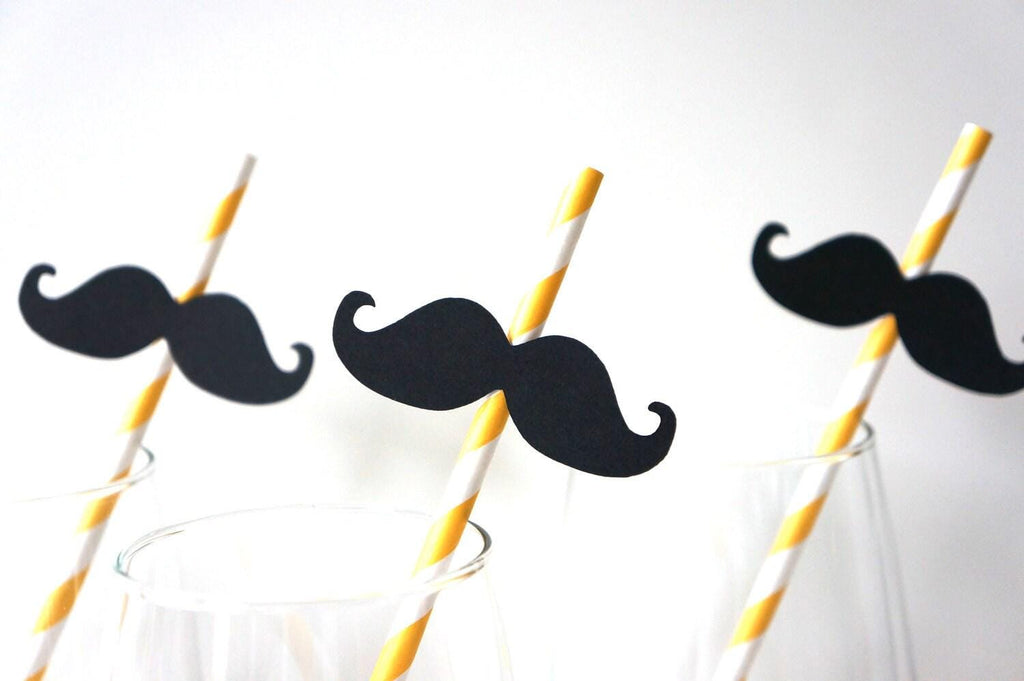 Yellow Striped Mustache Straws - Party Photo Booth Props, Set of 10