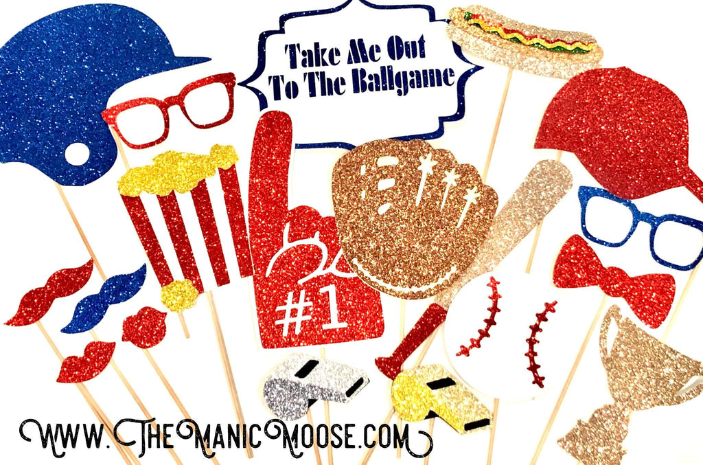 Glitter Baseball Photo Booth Props – 19 Piece Party Set