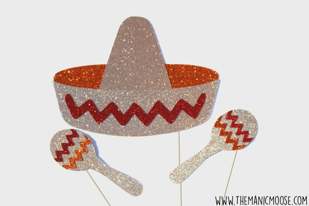 Sombrero and Maracas Photo Booth Props ~ 3 piece prop set with GLITTER ~ Mexican Photobooth Props