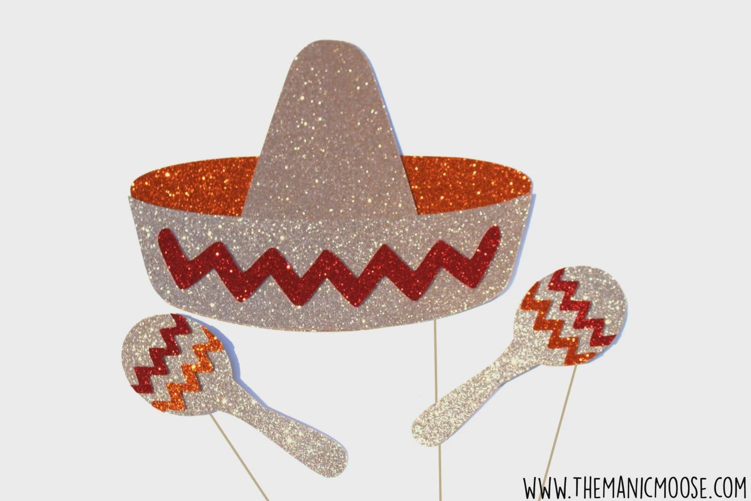 Sombrero and Maracas Photo Booth Props ~ 3 piece prop set with GLITTER ~ Mexican Photobooth Props