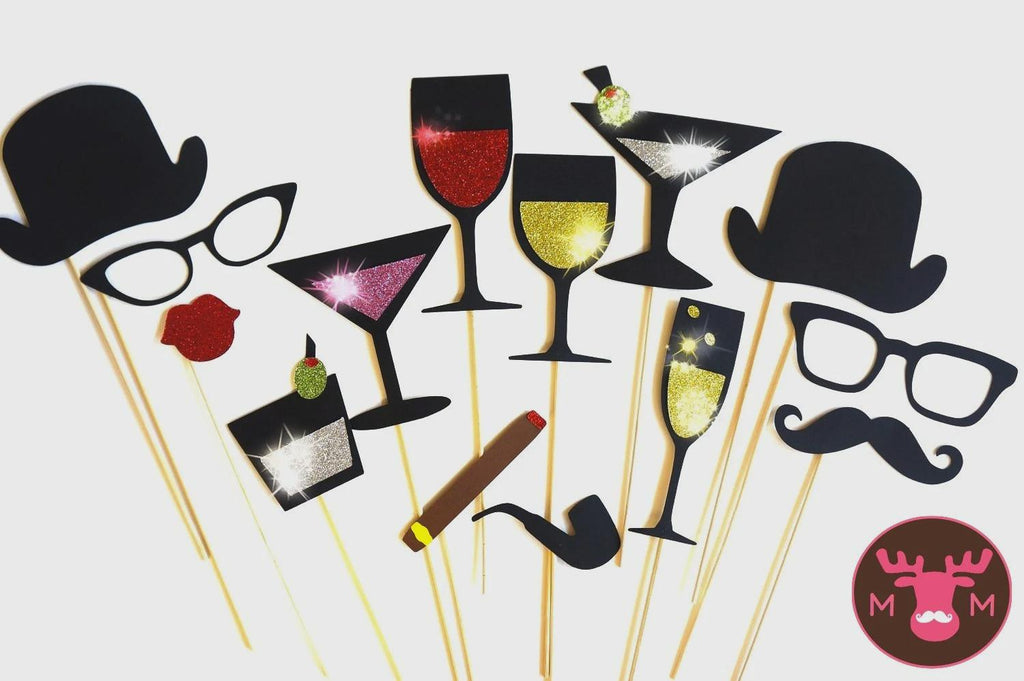 Sparkly Photobooth Props - The Celebration Collection - Set of 14 Photo Booth Props with GLITTER