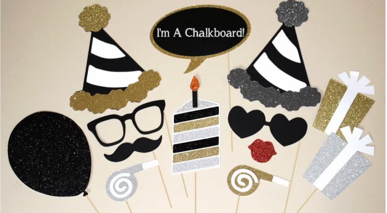 Glitter Birthday Photo Booth Props, Silver Gold Black, 13 Piece Set
