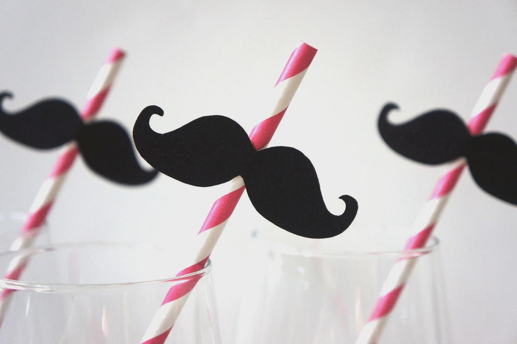 Hot Pink Striped Mustache Straws - Party Photo Booth Props, Set of 10