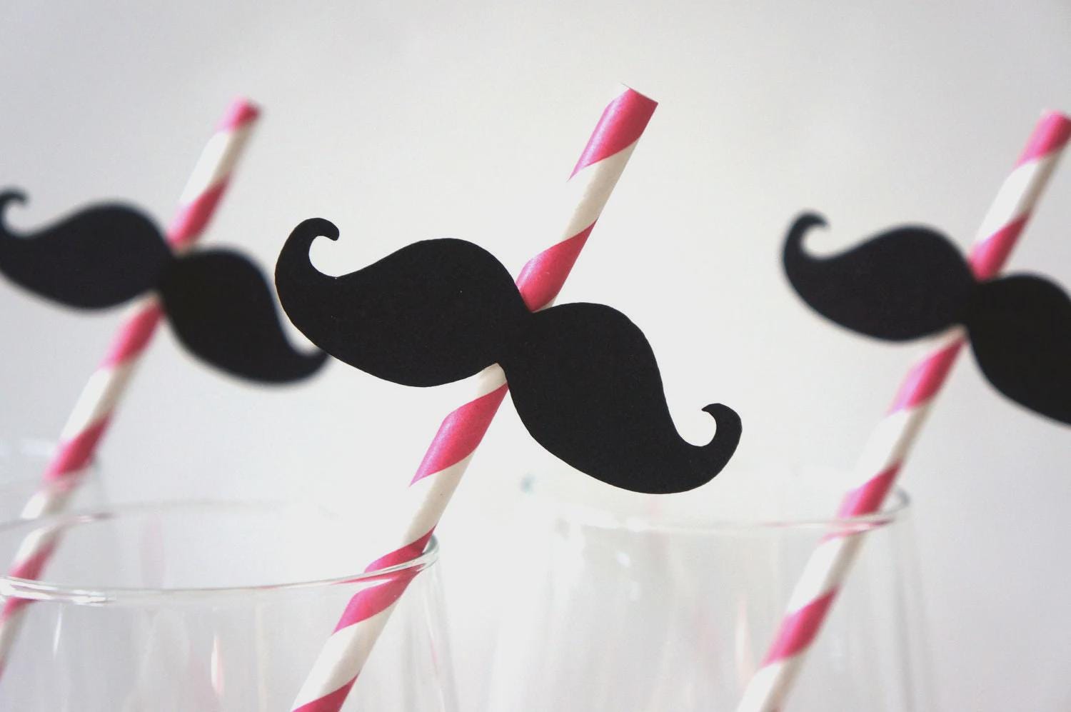 Hot Pink Striped Mustache Straws - Party Photo Booth Props, Set of 10