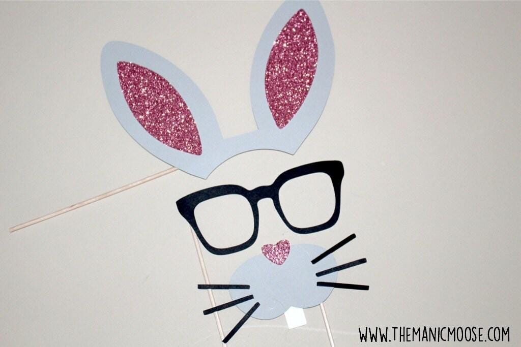 Glitter Bunny Photo Booth Props: Ears, Mouth, Glasses (Set of 3)