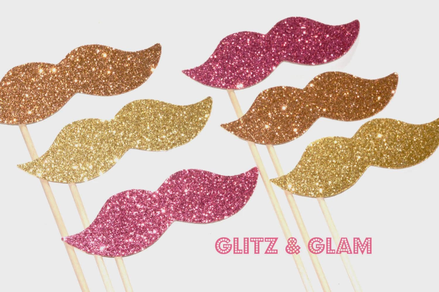 Glitz & Glam Glitter Mustache Collection - Set of 6 - Pink, Peach, and Gold Glitter Staches
