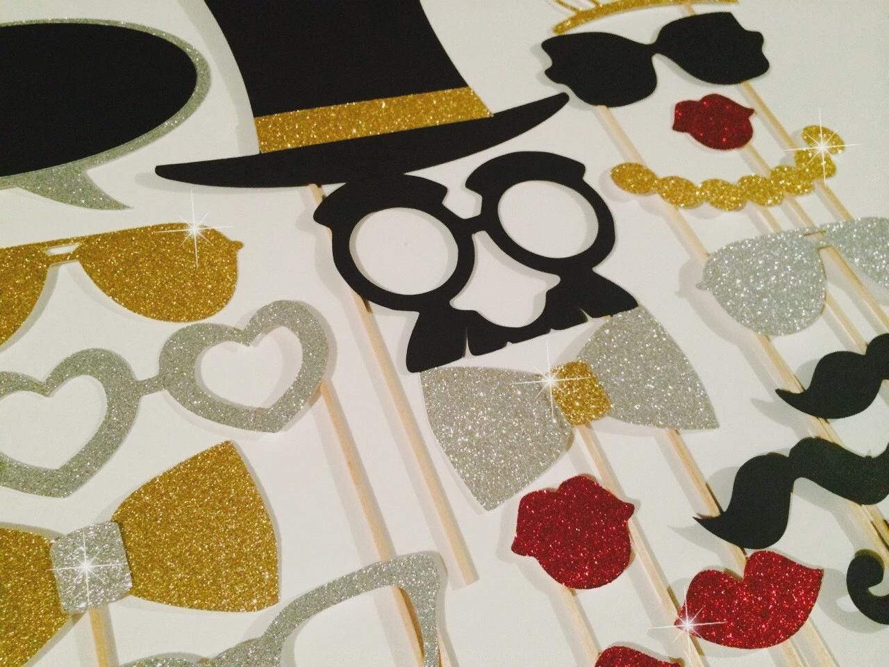 Glitter Photo Booth Props, Silver and Gold Party Decorations, 21 Piece Set