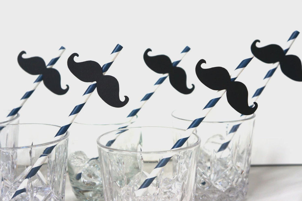 Navy Blue Striped Mustache Straws - Party Photo Booth Props, Set of 10