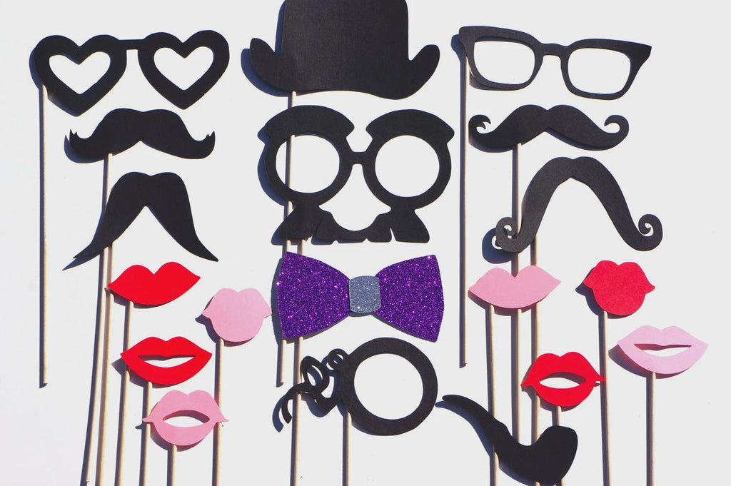 Photo Booth Props - 19 Piece Set with Glitter Bow Tie