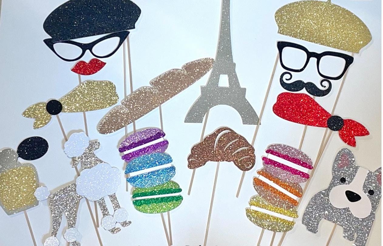 Parisian Photo Booth Props - Eiffel Tower, Macarons, Poodle - Set of 16